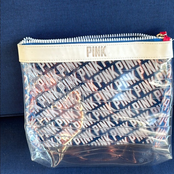 PINK Victoria's Secret Clear Pouch with Blue and White Design - Picture 3 of 5